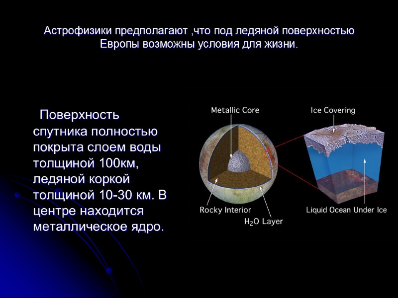 Астрофизики предполагают ,что под ледяной поверхностью Европы возможны условия для жизни.   